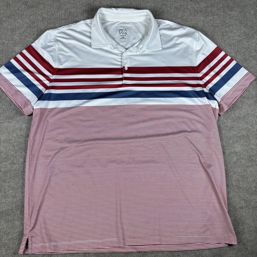 Jos A Bank Traveler Polo Shirt Mens XL Red White Blue‎ Striped Golf Tailored Fit